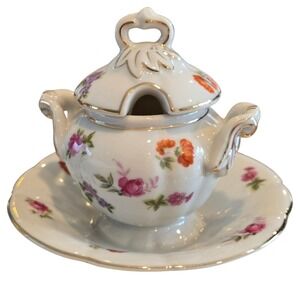 Lefton China Mini Floral Jam Pot with Lid and Underplate NE‎ 2757 Gold Trim